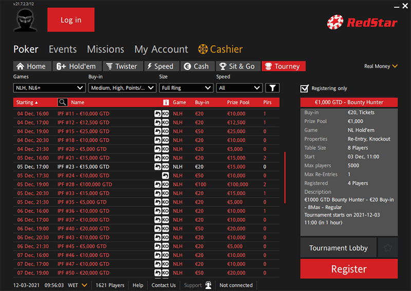 RedStar Poker лобби - турнирный раздел